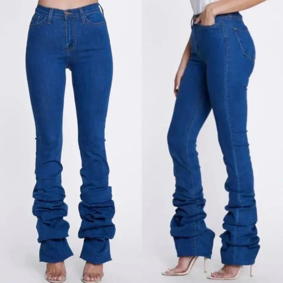Women's Stacked Leg Jeans Stretch Denim High Rise - Picture 1 of 11